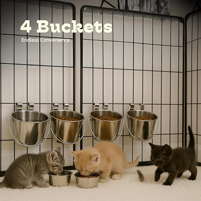 1 Quart Stainless Steel Flat Sided Bucket with Dual Hooks | 4 Pcs Durable Food & Water Bowl for Dog Cat Bird & Small Animals | Fits kennel Cage Crates Farm Hanging Pet Pail | Multipurpose