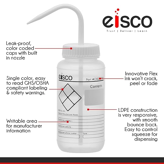 EISCO 6PK Chemical Wash Bottle, Blank Labels, 500ml - Wide Mouth, Self Venting, Low Density Polyethylene - Performance Plastics Labs