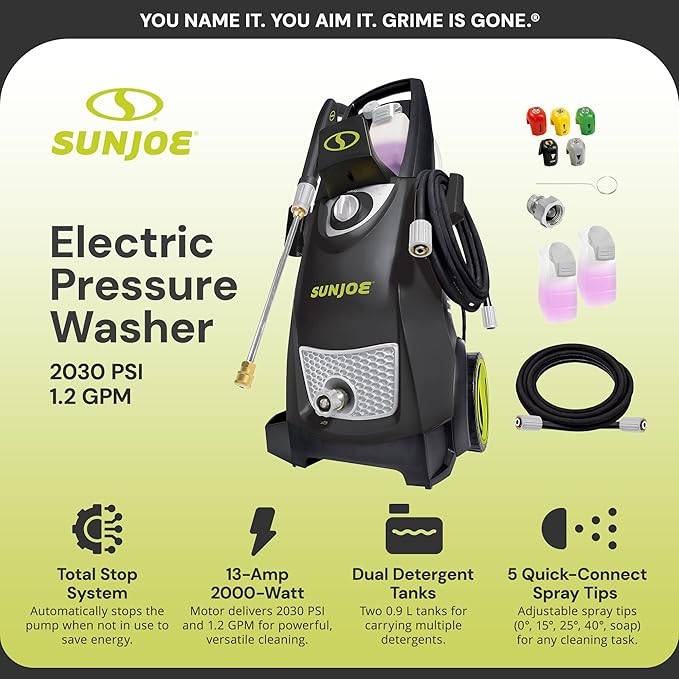 Sun Joe Electric Pressure Power Washer, Heavy-Duty 2500 Max PSI (2030 PSI PWMA Rated), Cleaning Machine for Patios, Decks, & Sidewalks, Safety First GFCI Power Cord, w/Dual Soap Tanks, SPX3000