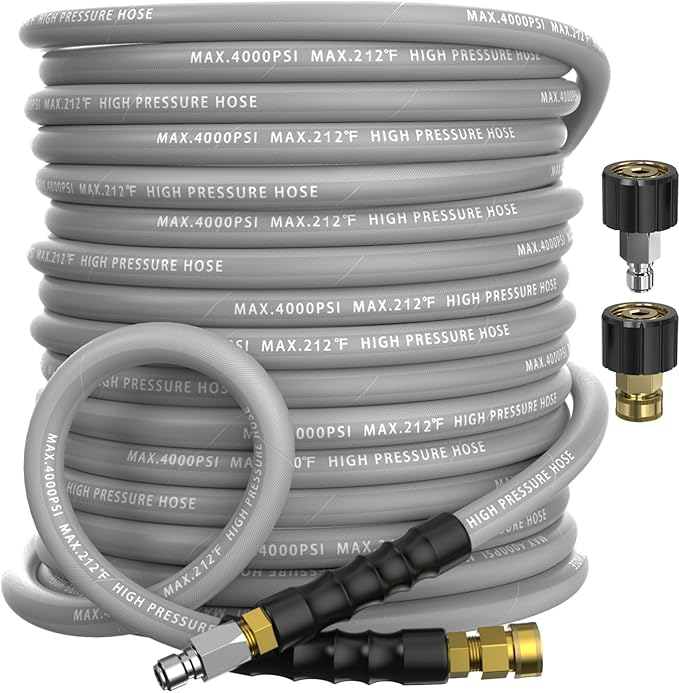 Pressure Washer Hose 75FT 4000 PSI, Kink Resistant Steel Braided Layer & NonMarking Rubber for Hot/Cold Water, High Power Washer Hose With 3/8 Inch Quick Connect & M22 Fitting, Gray