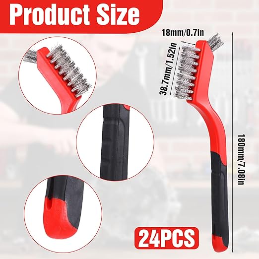 24PCS Wire Scratch Brush Set Stainless Steel Metal Brush Soft Grip for Rust, Dirt & Paint Scrubbing with Deep Cleaning (7inch - Stainless Steel Wire)