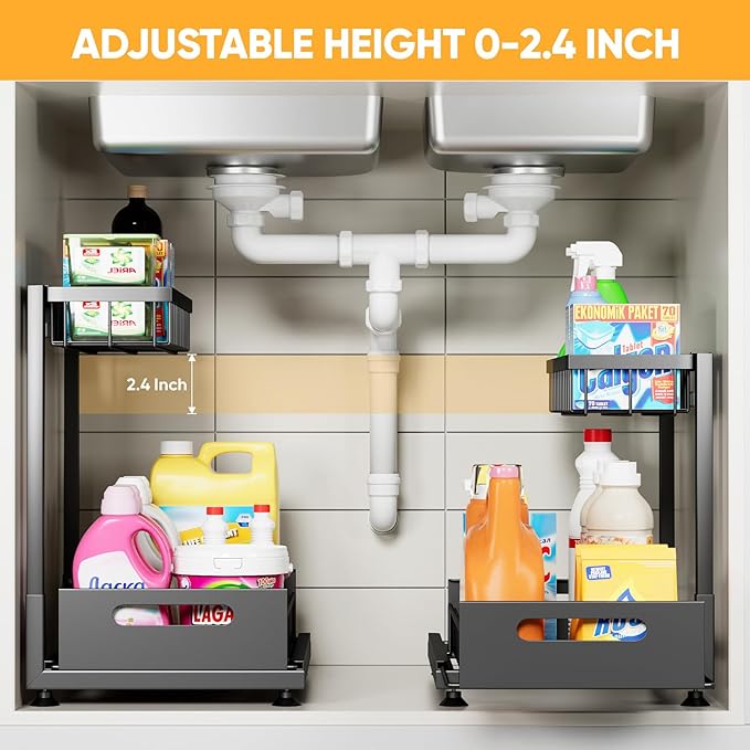 Under Sink Organizer Storage 2-Tier Premium Metal Pull-Out Kitchen Cabinet Organizer with Sliding Drawer, Height Adjustable, Heavy Duty for Kitchen & Bathroom Organizers 1 Pack Black