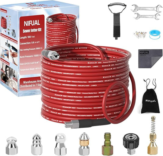 NIFUAL Sewer Jetter Kit for Pressure Washer,100FT 5800PSI Pressure Drain Cleaner 1/4 Inch NPT Corner Rotating and Button Hose Sewer Jetting Nozzle for Homeowners & DIYers
