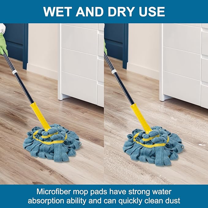 KeFanta Self-Wringing Twist Mop, Microfiber Cloth Wet Mops for Floor Cleaning, 57" Long Handle Floor Mop with Top Scouring Pad for Kitchen Hardwood Restaurant Bathroom Garages Warehouses Office