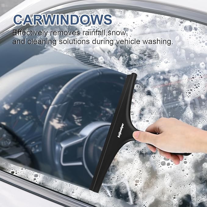 All-Purpose Shower Squeegee for Glass Doors with Hook, Silicone Squeegee for Shower Glass, Shower Doors, Windows, Bathroom, Mirrors and Tiles（10 inch, Black）