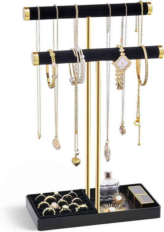 Lolalet 2-Tier Necklace Holder Display, Velvet Wrapped Bracelet Stand with Removable Ring Tray, Tall Jewelry Organizer for Bangles Watches Earrings, Galentines Valentines Gifts for Girls Women -Black