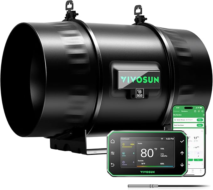 VIVOSUN T8 8" Inline Duct Fan & Temperature Humidity Controller, E42A+ WiFi-App Control AeroZesh Grow Tent Fan& Smart Thermostat, 832 CFM EC Motor Exhaust Fan for Heating Cooling, Greenhouse Accessory