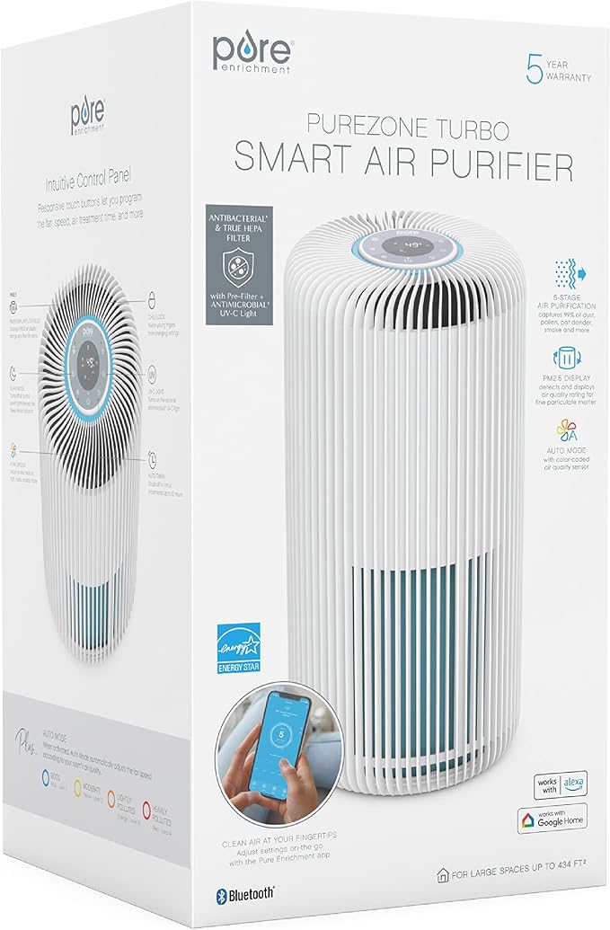 Pure Enrichment PureZone Turbo Smart Air Purifier for Large Rooms (1050 sq. ft. in 30 min.) - 5 Stage Filtration, Smartphone Compatible, Traps Germs, Smoke, & Dust (White)