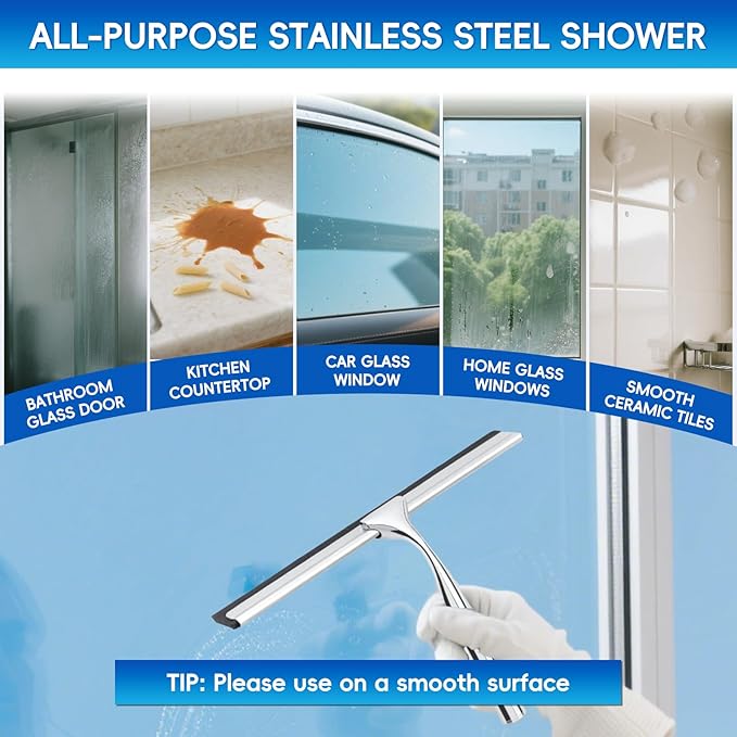 Shower Squeegee for Glass Doors,Stainless Steel Shower Door Squeegee,Windows, Mirrors, Car Windows, Tile Shower Walls, 10 Inch Silver,Durable Includes Shower Door Adhesive Hook