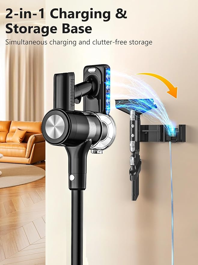 Cordless Vacuum Cleaner, 46Kpa/55 Mins Vacuum Cleaners for Home, Self-Standing Stick Vacuum with Rechargeable Dock,LED Display & Anti-Tangle,Lightweight Vacuum for Carpet,Floor (Pure Black)