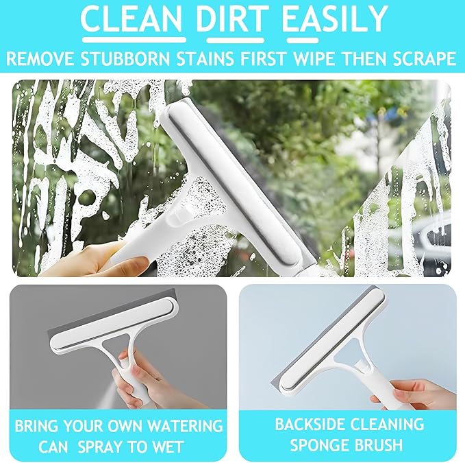 3-in-1 Window Cleaning Scraper with Spray, Squeegee & Scrubber – Multi-Function Glass Cleaner for Home, Car, Shower, and Kitchen, Streak-Free and Ergonomic Design