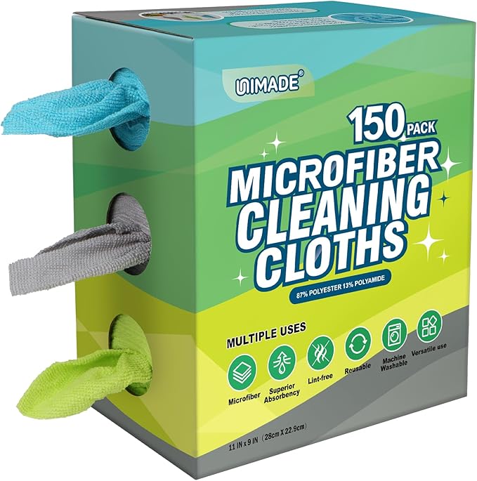 Microfiber Cleaning Cloth, 150 Pack Reusable Paper Towels Microfiber Towels for Cars Lint Free Washable Tissues Shop Rags with Dispenser Box for Home Kitchen Automotive, 11"x 9", Multicolor