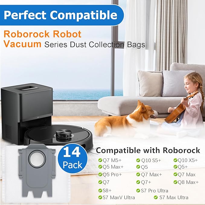 14 Pack Dust Bag Replacement for Roborock Q7 M5+, Q10 S5+/Q10 X5+, Q5, Q5+, Q5 Pro+ Q5 Max+ S8+ S8 Pro Ultra S7 MaxV Ultra S7 Pro Ultra Q7+ Q7 Max+ T8 Q5+ G10S PRO Q7 Max+ Q8 Max+ Robot Vacuum Cleaner