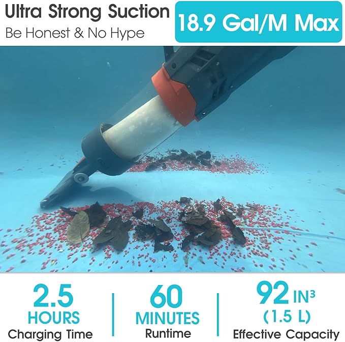 Heave Duty Pool Vacuum for Above Ground & Inground Pool - Powerful Suction 18.9GPM Running time up to 1H, Ideal for Most Debris, Handheld Rechargeable Pool Cleaner with Segmented Pole