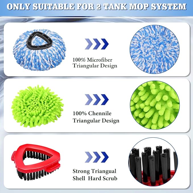 6 Pack Spin Mop Replacements Head Compatible for Oceda RinseClean 2-Tank System,Microfiber Spin Mop Refills Head,2 Mop Scrub Brush + 1 Mop Base + 6 Pack Cleaning Floor Mop Head