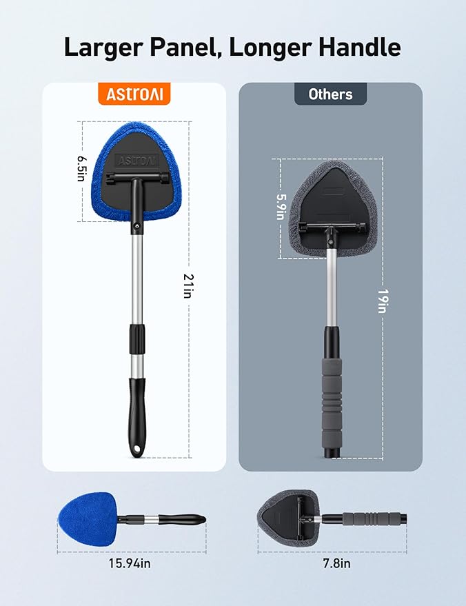 AstroAI Windshield Cleaner Tool, Car Interior Window Detailing Cleaning Kit with Extendable Handle and 4 Easy-to-Install Reusable Microfiber Pads, Auto Glass Wiper Brush Kit for Car&Home, Blue, 21in