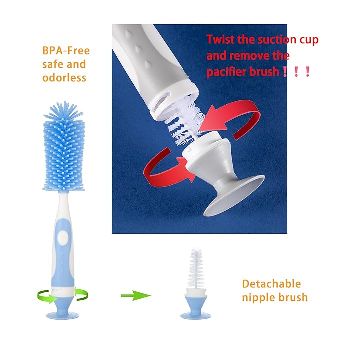 Chemimoso Multifunctional Cleaning Brush, Baby Bottle Brush, Bottle Brush Cleaner, Rotate The Suction Cup to Obtain The Small Bristle Brushes, Set Z, Pink, Silicone and Nylon Brush