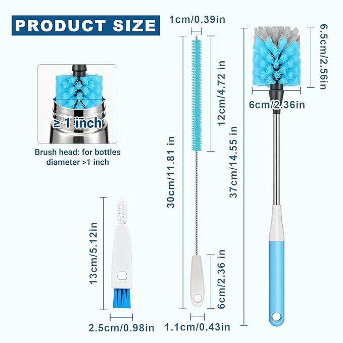 Bottle Brush 4-Piece Set, 15-inch Long Bottle Brush, Kitchen Brush Set with Straw Cleaner and Cup Lid Cleaning Brush; Water Bottle Brush Suitable for Water Bottles, Cups, Glasses, Baby Bottles, Blue