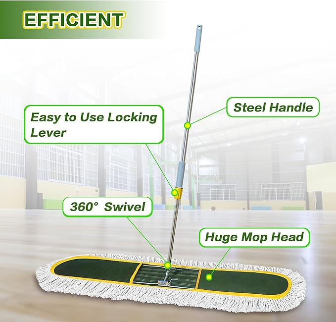 48-Inch Commercial Dust Mop for Hardwood Floors, Large Dry Mop with 2 Pcs Reusable Cotton Yarn Head, Telescopic Stainless Steel Handle - Ideal for Industrial Floor Cleaning, Marble,