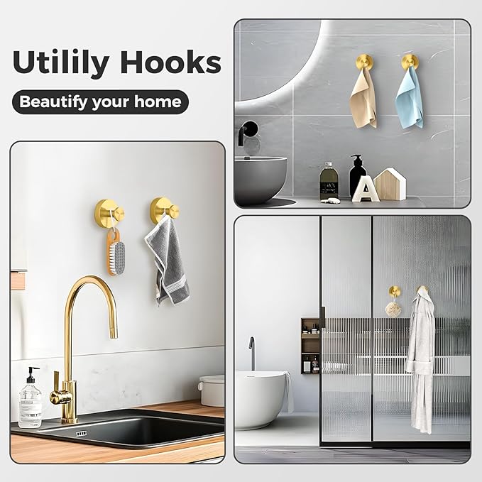 Shower Hooks for Inside Shower,Large Suction Cup Hooks for Glass Window,Removable Towel Hooks for Bathrooms,4 Packs(Gold)