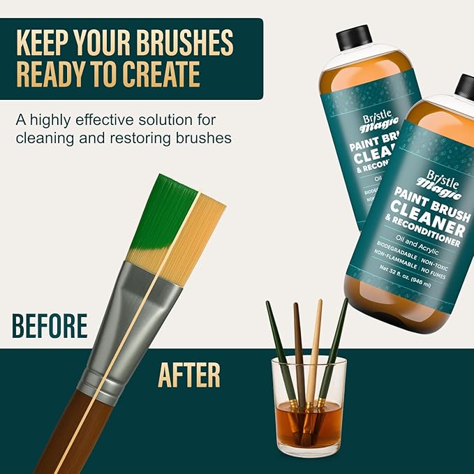Oil Paint Brush Cleaner and Restorer-Paintbrush Cleaner for Acrylic, Oil, and Glass Paints-Biodegradable, Non-Toxic, Odorless, Eco-Friendly, Quick-Clean Formula Paint Remover (16 Fl Oz)