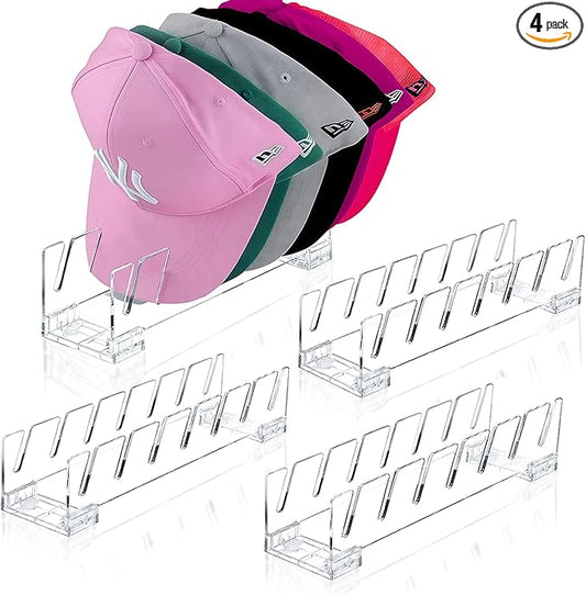 FAMOVELL® 4 Pack Acrylic Hat Organizer for Baseball Caps, Clear Hat Stand for Closet Dresser Bedroom and Shelf - Non-Slip Cap Holder Displays and Holds Up to 28 Tennis or Trucker Hats