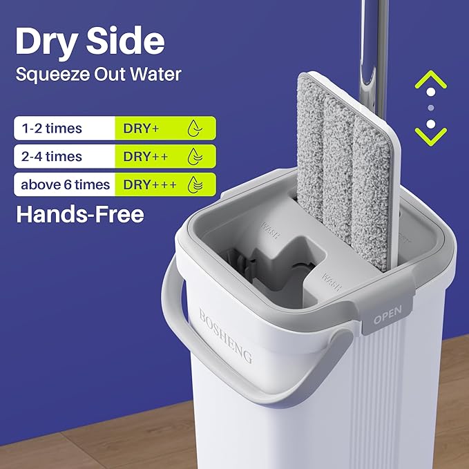 Mop and Bucket Set, Flat Mops for Floor Cleaning, Wall Mop with 60" Extensible Handle, Hardwood Floor Mop with 2 Microfiber Pads