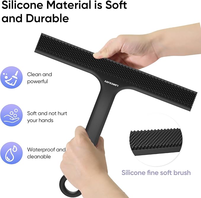 Shower Squeegee for Shower Glass Door Bathroom Accessories, Dual Head Wiper Cleans Water & Hair, Silicone Blade, Non-Slip Long Handle, Glass Window Door Wall Tile Cleaner