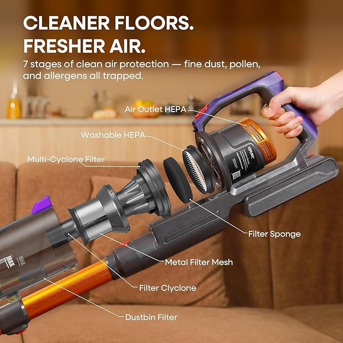 KIPMAX Cordless Vacuum Cleaner, 50KPa 550W Stick Vacuum for Home, 70Mins Anti-Tangled Vacuum Cleaner for Pet Hair/Carpet/Floor, Self-Standing Vacuum with Rechargeable Battery, LED Display&Aromatherapy