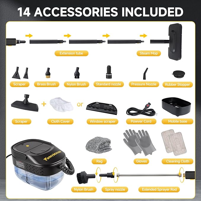 Steam Cleaner, 3-Level Adjustable Handle, 15s Heat-Up, 1500W Steamer for Cleaning, Rolling System, Portable Steamer for Cleaning with Mop & 17-Piece Kit for Home, Car, Grout, Tile, Couch, Kitchen