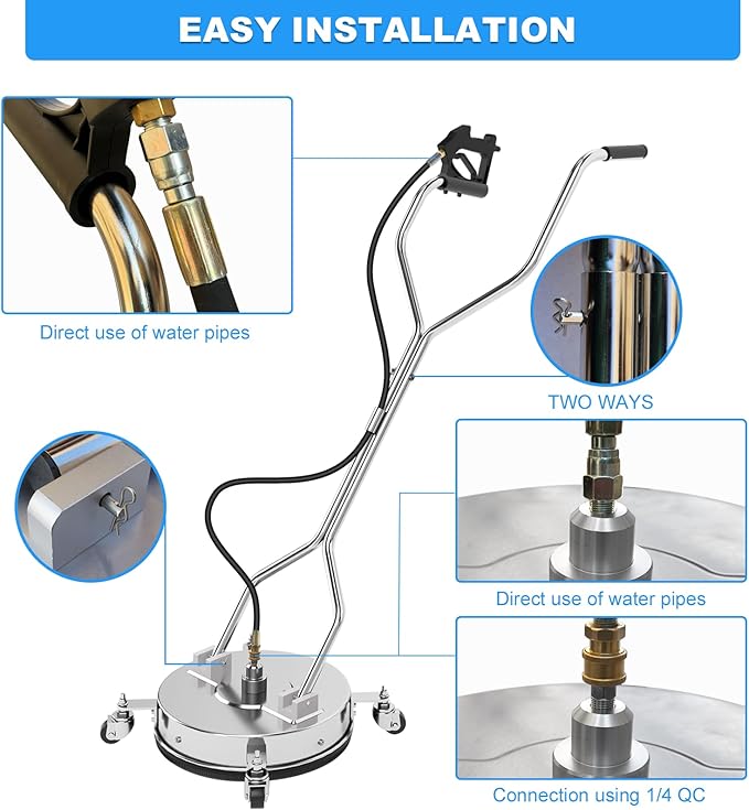 16.5" Pressure Washer Surface Cleaner with 304 Industrial-grade Stainless Steel Housing, Dual Handle, Driveway Pressure Washer Attachment, 2 Replacement Nozzles, for Concrete, Sidewalk, Deck, 4500 PSI