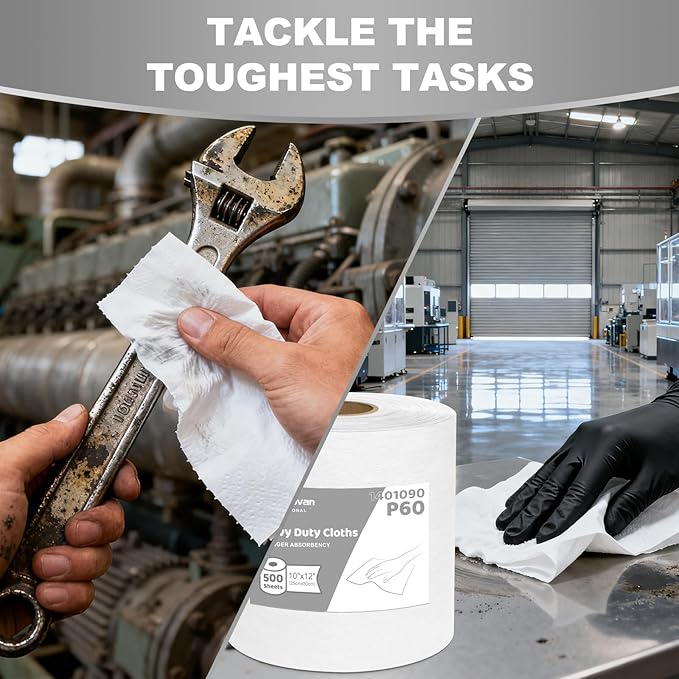 Jumbo Roll Industrial Cleaning Wipes, Super Absorbent Heavy Duty Cloths, White (1 Roll of 500 Sheets, 12"x 10" Each Sheet)