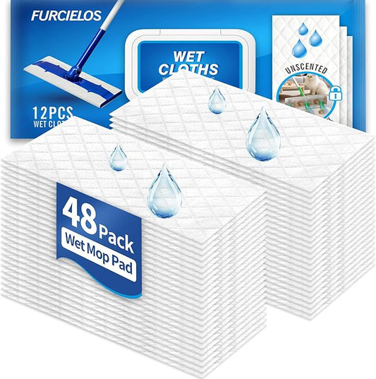 48 Count Disposable Wet Mop Pad Compatible with Clorox Mop, Sweeper Mop, or Other Standard Mopping Tools, Floor Wipes for Mopping Cleaning, Unscented