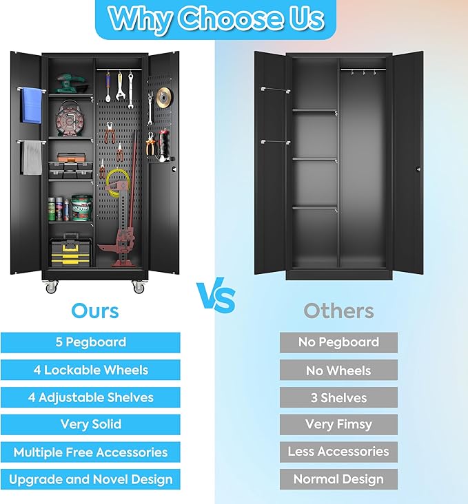 SUXXAN Broom Closet Storage Cabinet with Wheels 71.4"x 33.9"x16.9", Metal Cleaning Cabinets with Hooks and Hanging Rods, Lockable Cabinet with Pegboard, Adjustable Shelf,for Garage, Laundry Room