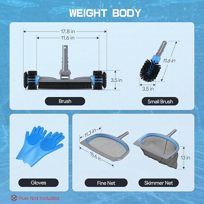 UIRWAY 6-in-1 Deluxe Swimming Pool Cleaning Kit - Includes Detachable Pool Brush, Deep Leaf Skimmer & Fine Mesh Net, Small Brush, Gloves, Adjustable Aluminum Pole Inground & Above Ground Cleaning
