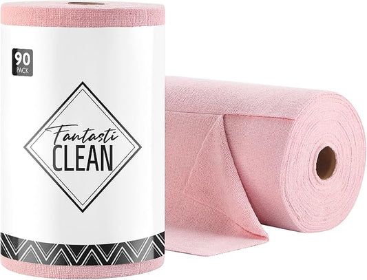 Fantasticlean Microfiber Cleaning Cloth Roll -90 Pack, Tear Away Microfiber Towels, 12" x 12", Reusable, Washable, Scratch Free, Ultra Absorbent Dishcloth for All-Around Cleaning Supplies (Pink)