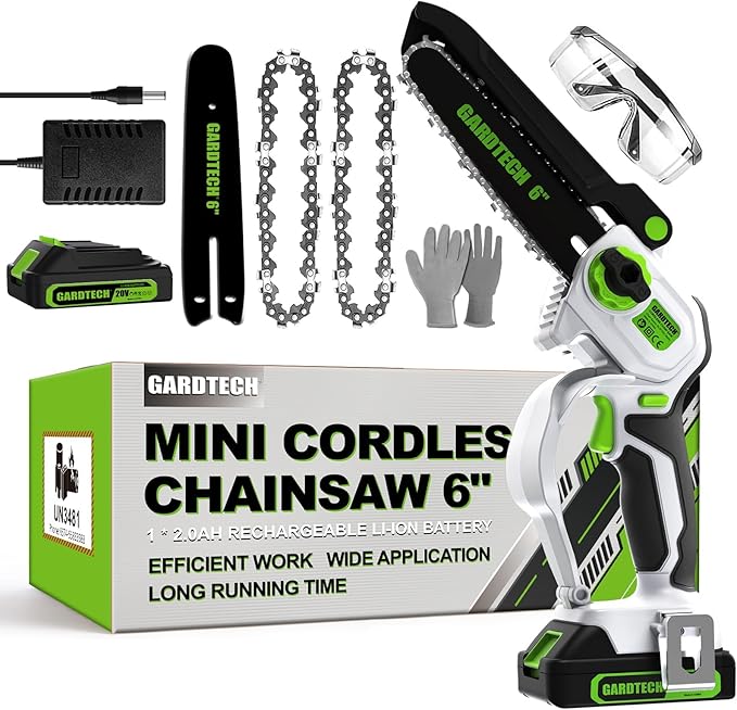 GARDTECH Mini Chainsaw Cordless 6 Inch - Portable Electric Chainsaw Cordless Battery Powered, Handheld Small Chain Saw with 2-side Security Lock [Southpaws Friendly] for Wood Cutting, Pruning Branches