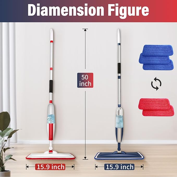 2 Pack Spray Mop for Floor Cleaning, Red & Blue Combo, Refillable 14 oz Bottle and 3 Washable Pads, Wet Dry Mop for Hardwood, Tile, Laminate, Home or Commercial Use