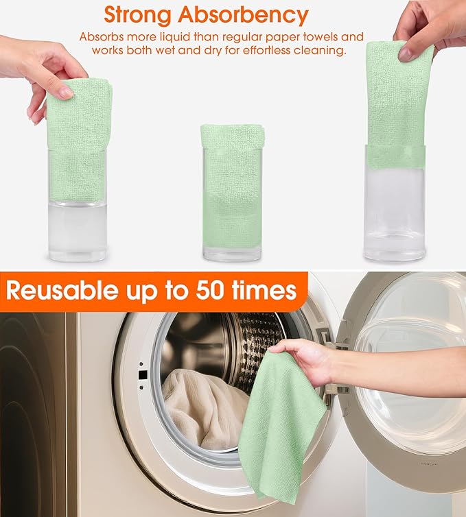 Microfiber Cleaning Cloth Roll - 100 Pack Tear Away Microfiber Paper Towels, Reusable, Washable, Scratch-Free, Kitchen Towels for Car, Home, Kitchen, Glass, Dishes(Bean Green)