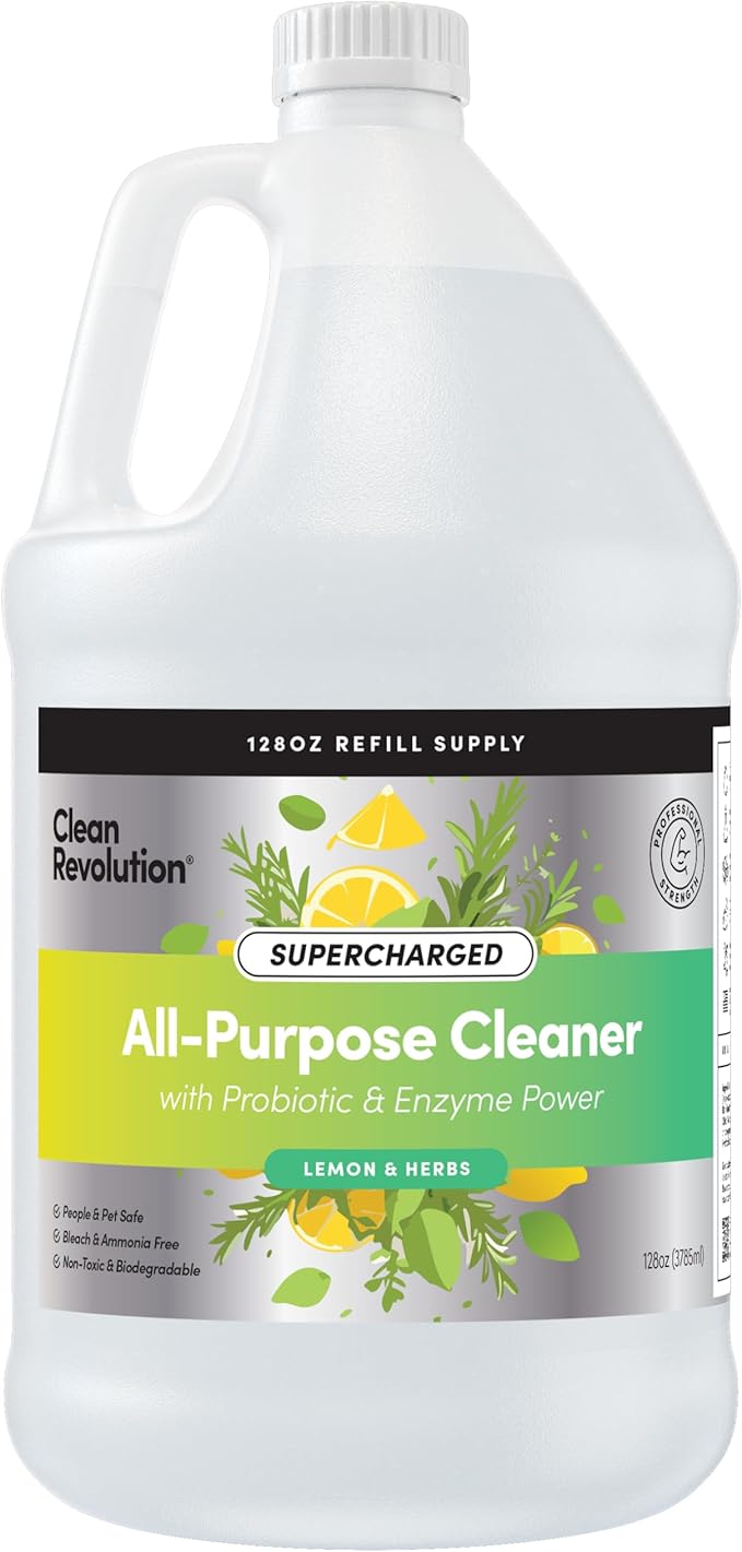 Clean Revolution SuperCharged All Purpose Cleaner Refill with Smart Probiotic + Enzyme Complex, Multi-Surface Kitchen Bathroom & Floor Cleaner, Lemon & Herbs, 128 Fl Oz