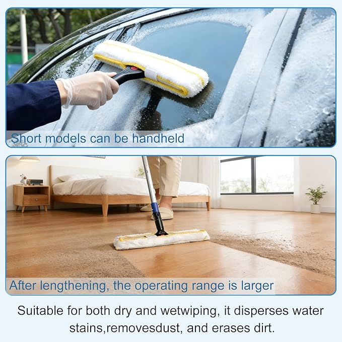 2 in 1 Window Squeegee & Squeegee Broom, 13.78" Heavy Duty Floor Squeegee Mop with 59" Extension Pole & 2 Scrubbers, Industrial Tile Floor Squeegee for Shower Glass Door Car Windshield
