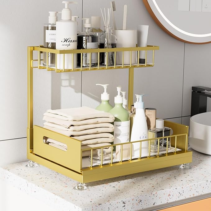 Under Sink Organizer Storage 2-Tier Premium Metal Pull-Out Kitchen Cabinet Organizer with Sliding Drawer, Height Adjustable, Heavy Duty for Kitchen & Bathroom Organizers 1 Pack Gold