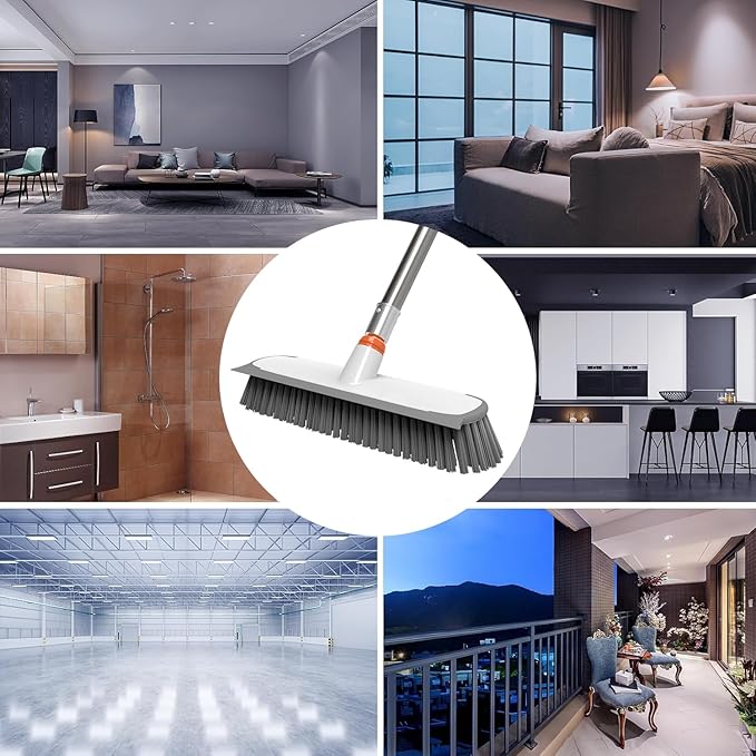 Heavy Duty Floor Scrub Brush and Grout Cleaner Tool with Long Handle Deck Brush with Stiff Bristles Outdoor Scrubber for Cleaning Deck Tile Kitchen Swimming Pool Bathroom(2 Pack Brush Head)