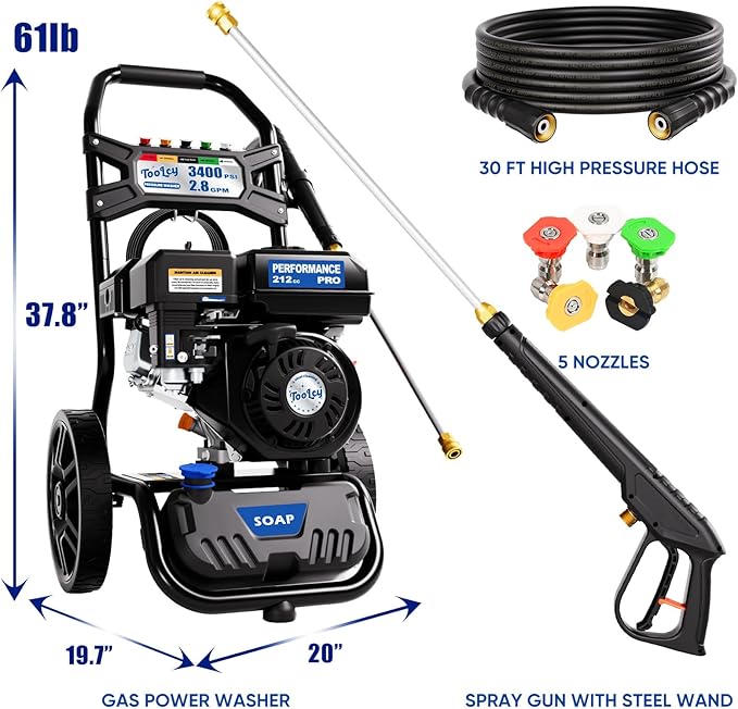TOOLCY 3400 PSI Gas Pressure Washer, High-Performance 212cc OHV Engine, Reinforced Pump. Onboard Soap Tank, 30FT Hose, Spray Gun & 5 Nozzles, Max 2.8 GPM, Cars Homes Patios Fences Driveways