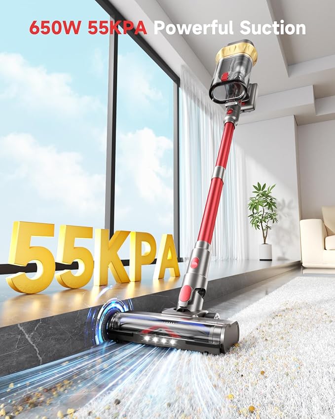 650W Cordless Vacuum Cleaner with 55KPa Flagship Suction, 75-Min Extended Runtime 2.5L Dual-Cup Capacity, Anti-Tangle Brush & Self-Standing Design HEPA Filtration for Furniture Carpet Pet Hair