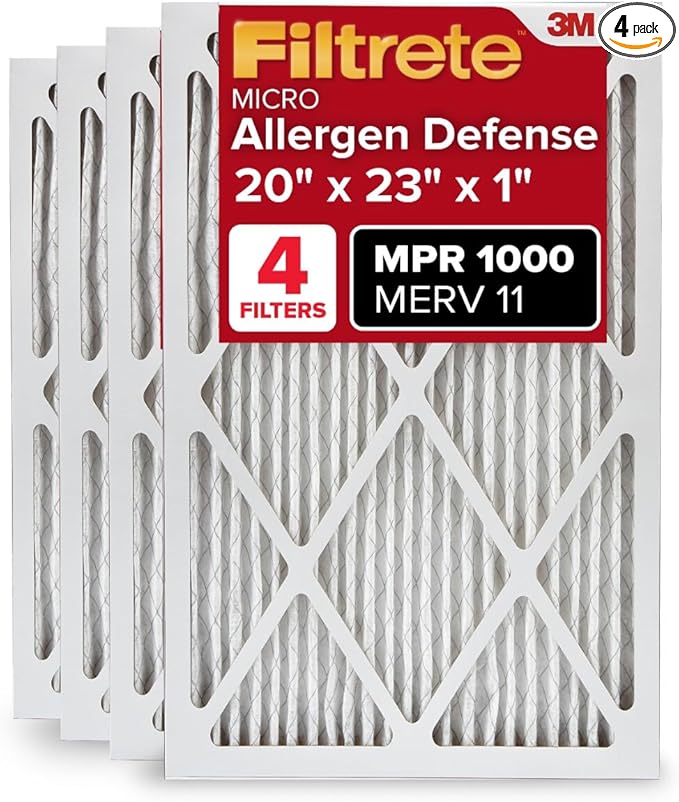 Filtrete 20x23x1 AC Furnace Air Filter, MERV 11, MPR 1000, Micro Allergen Defense, 3-Month Pleated 1-Inch Electrostatic Air Cleaning Filter, 4 Pack
