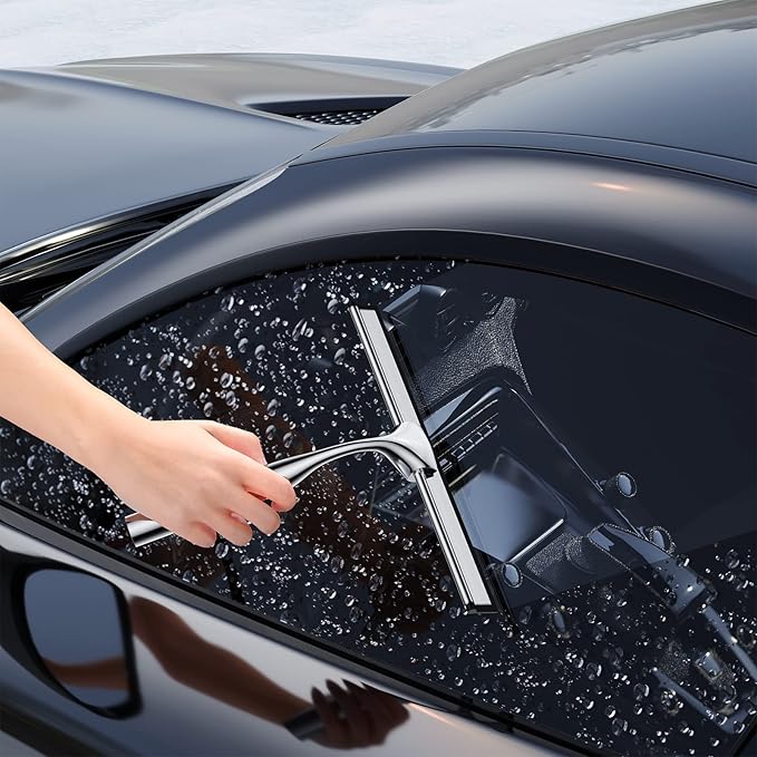 Stainless Steel Squeegee for Shower Glass Doors, 10-Inch All-Purpose Squeegee with Replacement Blade and Matching Hooks Holder, Silver