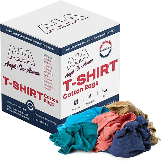 Angel-in-Armor Colored T-Shirt Rags – 5lb Box of Recycled Cotton Knit Shop Rags (50 Units) – Low Lint Cleaning Cloths for Mechanics, Oil Changes, Industrial and Commercial Use