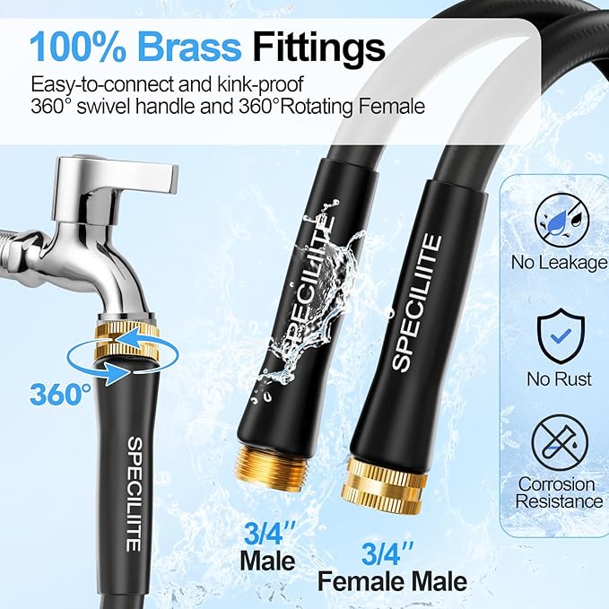 SPECILITE 3/4" Hot/Cold Garden Hose 200 ft with Industrial High Pressure Nozzle, Flexible & Lightweight, 600psi Burst Rubber Water hose -50℉-158℉ With 3/4" Brass Fittings for Yard, Black