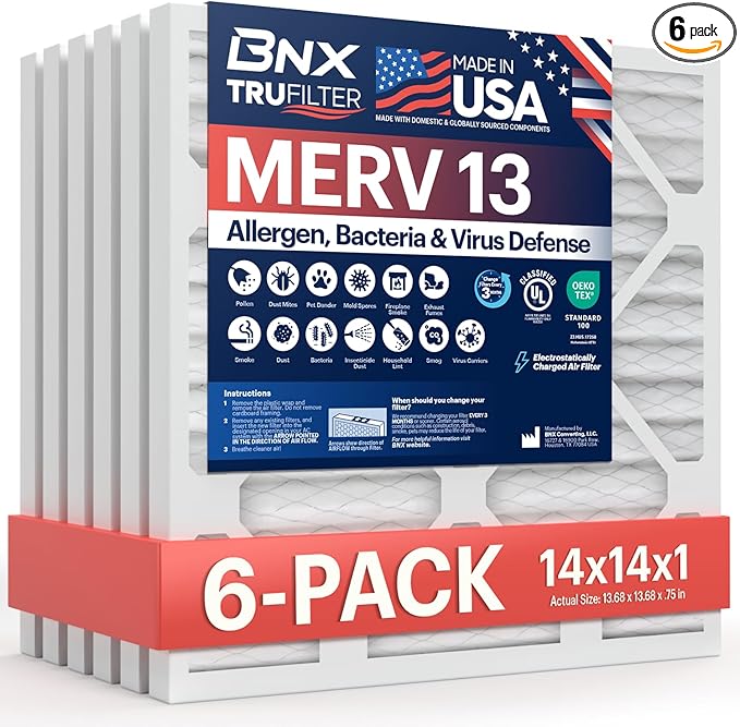 BNX TruFilter 14x14x1 Air Filter MERV 13 (6-Pack) - MADE IN USA - Electrostatic Pleated Air Conditioner HVAC AC Furnace Filters for Allergies, Pollen, Mold, Bacteria, Smoke, Allergen, MPR 1900 FPR 10